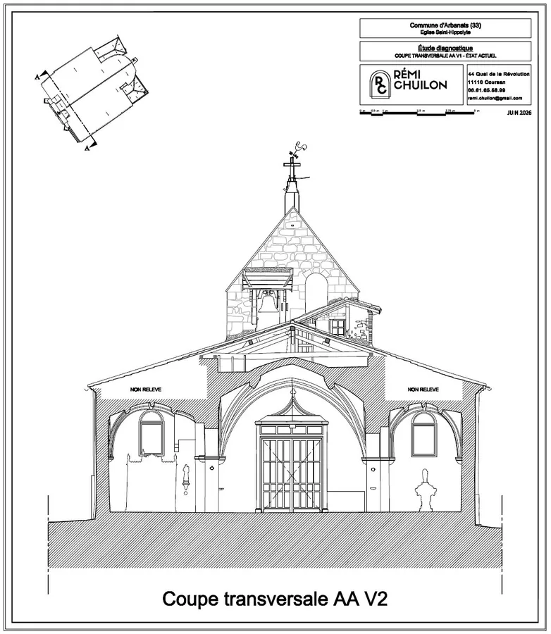 Coupe transversale de l'eglise d'Arbanats, dessin de Remi Chuilon