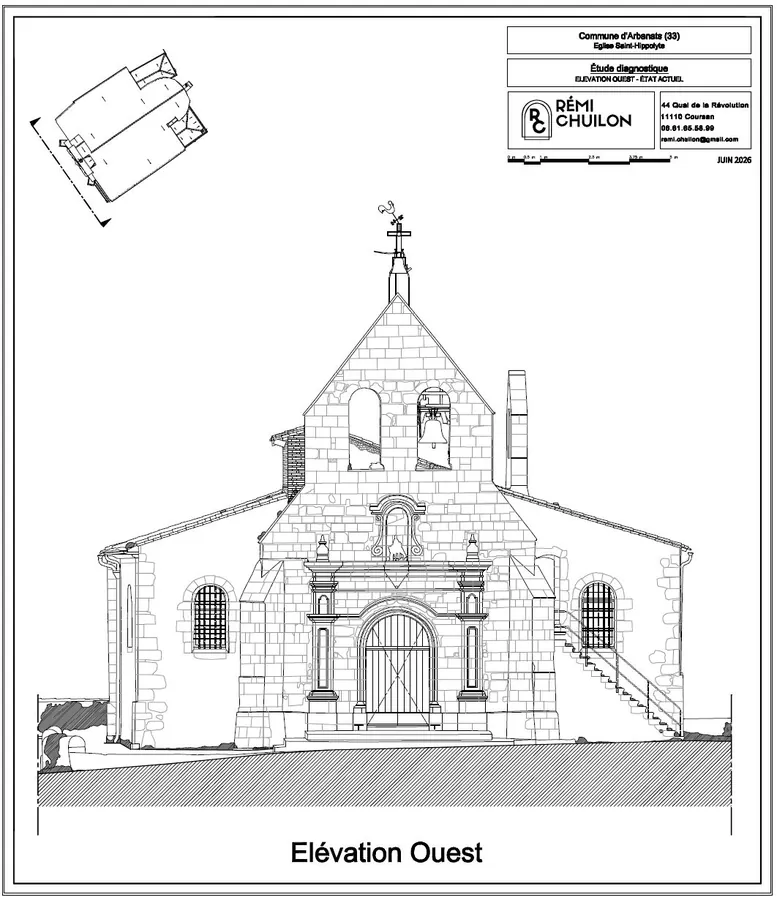 Élévation ouest de l'eglise d'Arbanats, dessin de Remi Chuilon