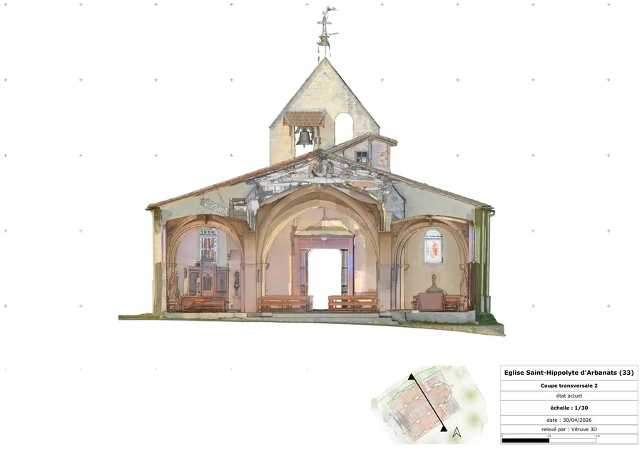 Coupe transversale de l'eglise d'Arbanats, releve Vitruve 3D