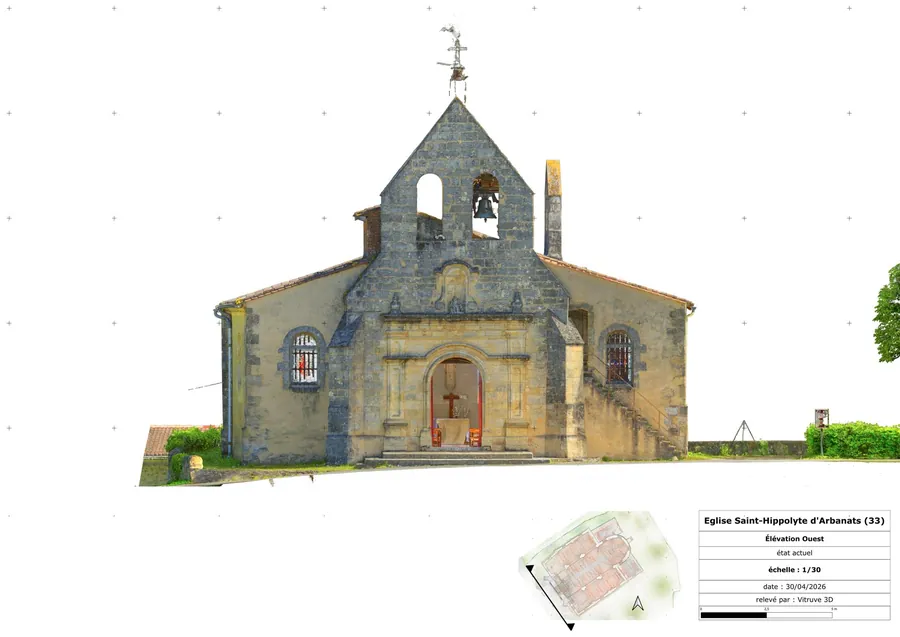 Élévation ouest de l'eglise d'Arbanats, releve Vitruve 3D