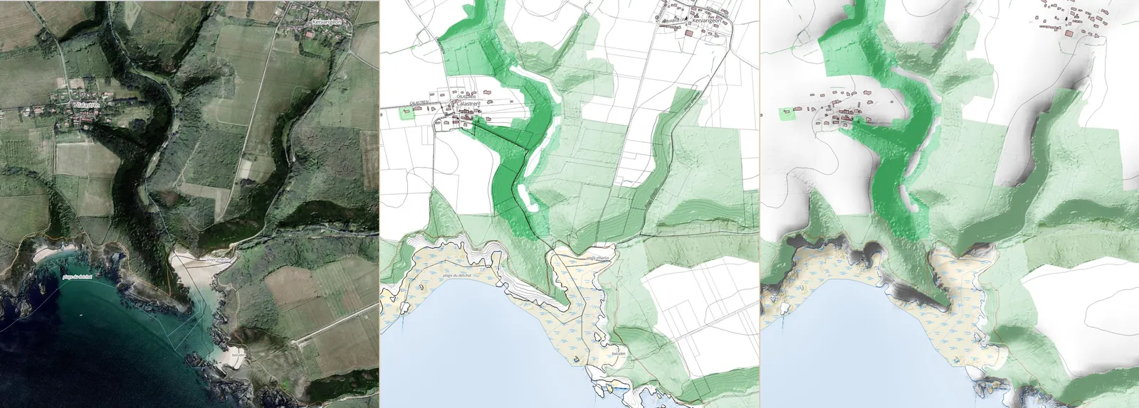 Un meme secteur littoral en trois rendus cartographiques a partir des donnees IGN : orthophotographie, plan vectoriel et ombrage du relief