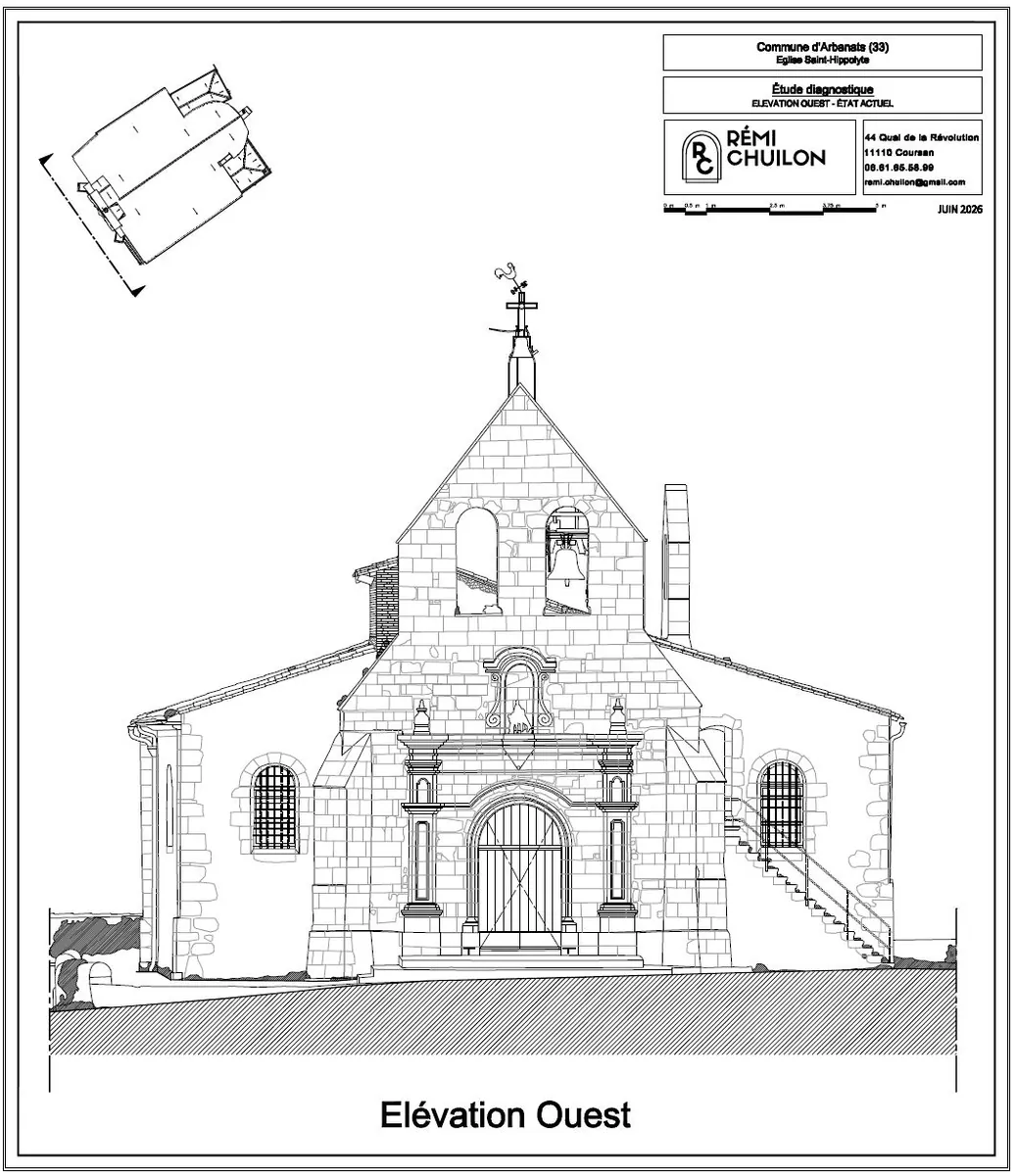 Elevation ouest de l'eglise d'Arbanats dessinee d'apres le releve 3D