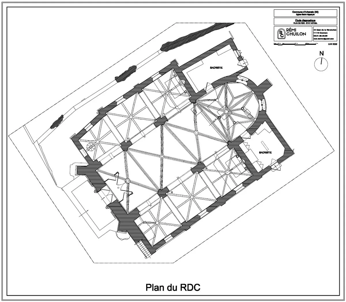 Plan du rez-de-chaussee de l'eglise d'Arbanats dessine d'apres le releve 3D