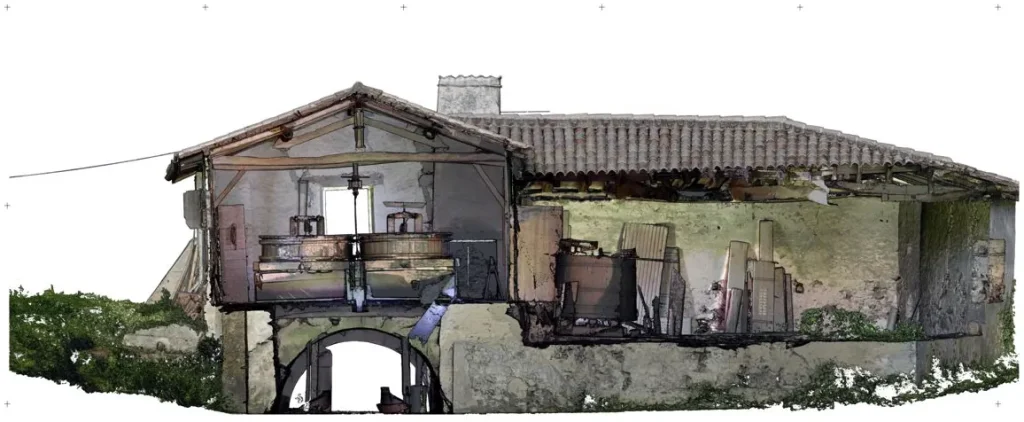 Coupe texturee du moulin de Musset montrant la voute au niveau du sol et le mecanisme