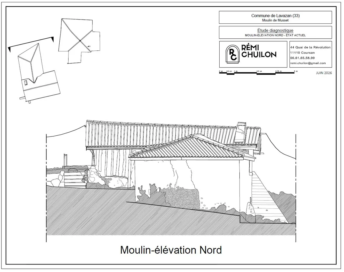 Elevation nord du moulin de Musset dessinee d'apres le releve 3D