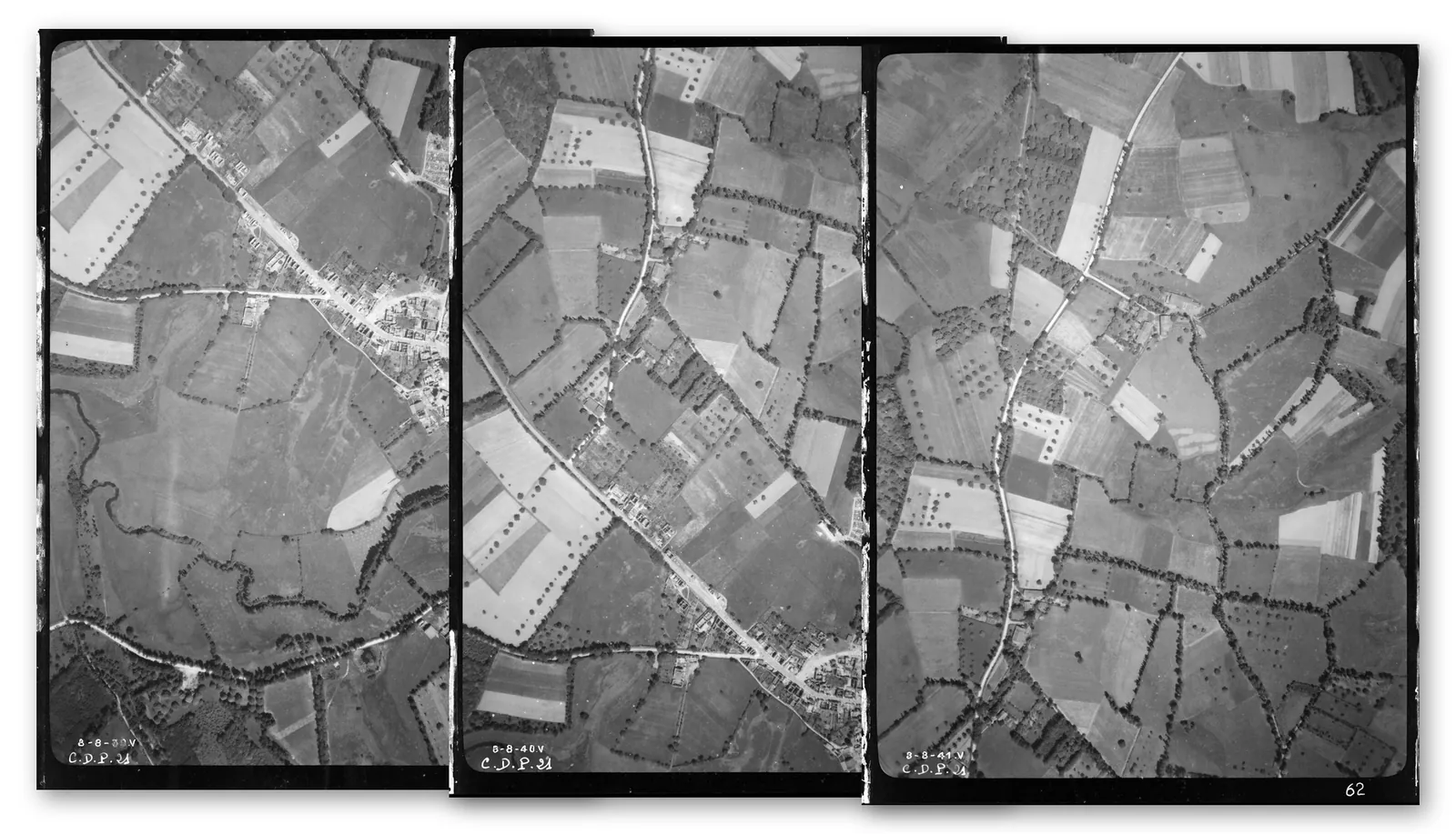 Trois photographies aeriennes d'archive de l'IGN presentees en bande, avec leur recouvrement