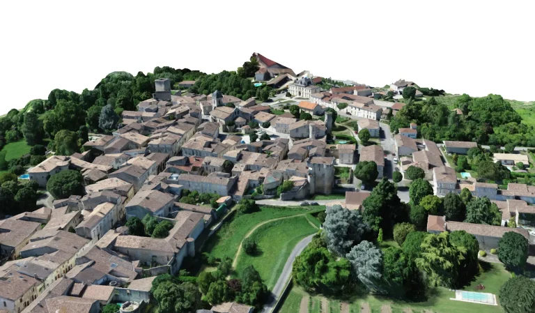 Modele 3D texture du village fortifie de Rions vu du ciel