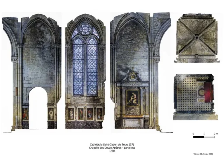 Planche de restitution de la chapelle des Douze Apotres, cathedrale Saint-Gatien de Tours, elevations, voute et detail au 1/50
